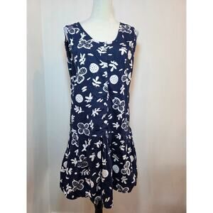 Vintage Trend Basics Navy White Floral Cotton Drop Waist Dress Pockets Large